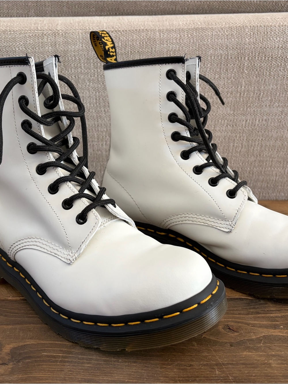 Dr. Martens White Leather Lace-Up Women's Boots with Black Laces